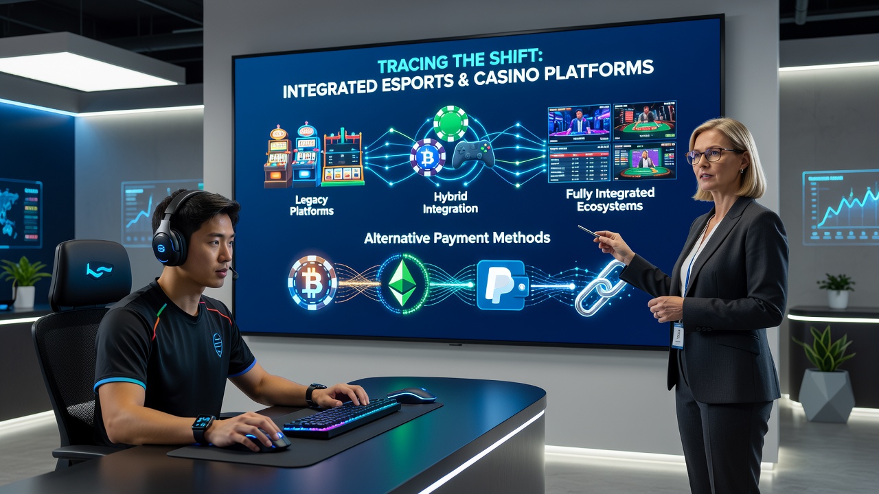 Screenshot-style view of a hybrid gaming dashboard displaying esports odds next to casino games with crypto payment options highlighted